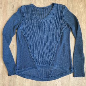 Vintage Havana V Neck Open Knit Sweater Womens Small Denim Blue Long Sleeve